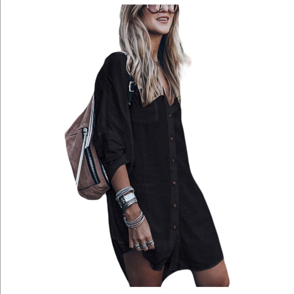 Bsubseach Women Loose Long Sleeve Swimsuit Cover Ups Button Down Beach Shirt